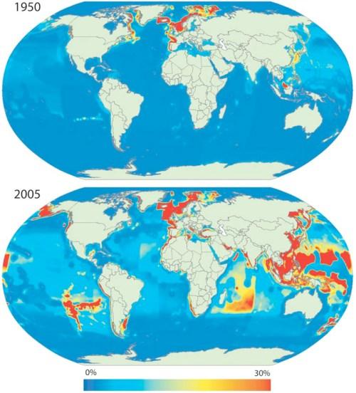 Почему рыболовный промысел становится проблемой для окружающей среды. Пространственное расширение и экологический след рыболовства (1950, 2005)